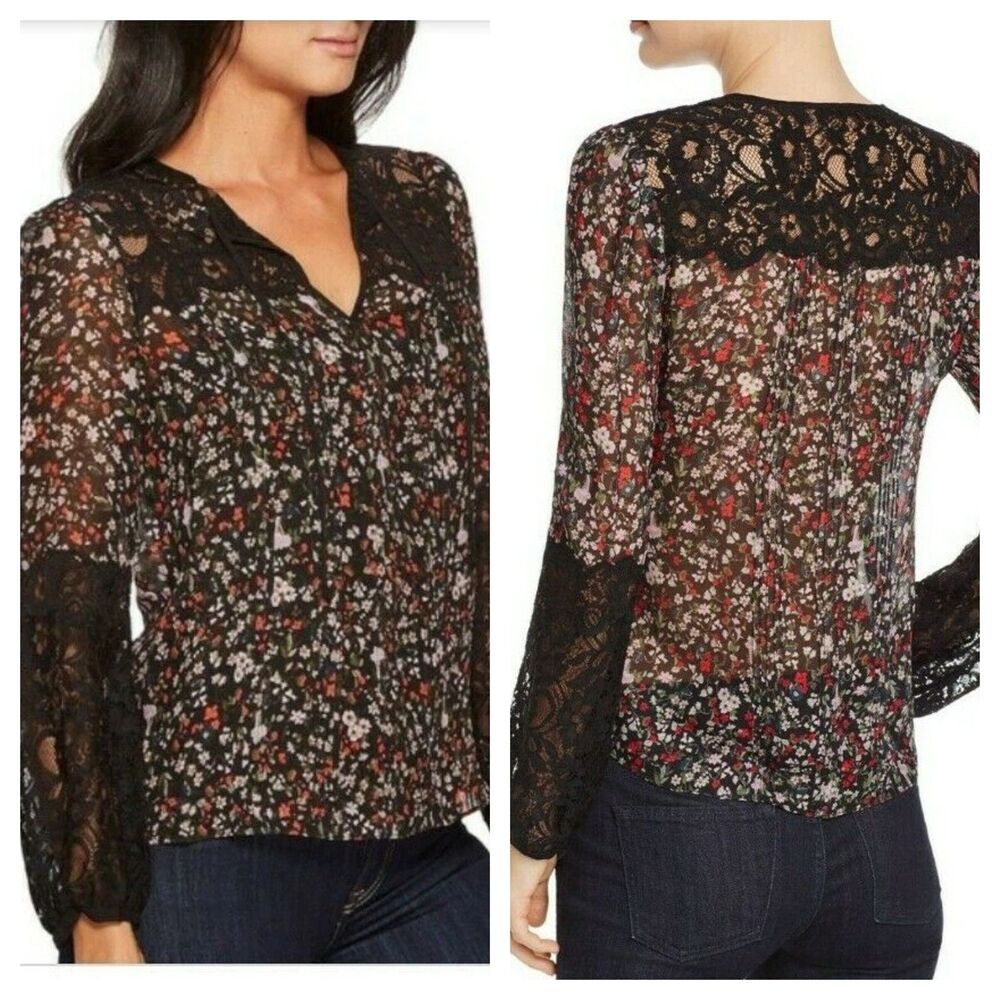 Rebecca Taylor Lyra Women Black Floral Lace Sheer Long Sleeve Silk Blouse Size 0